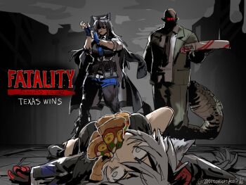 1boy 2girls adjusting_clothes adjusting_gloves animal_ears arknights black_hair black_necktie black_pantyhose character_name coat coat_on_shoulders crocodilian_tail famiglia_cleaner feeding fingerless_gloves food force-feeding formal_clothes full_mouth gloves grey_eyes grey_hair lappland_(arknights) lappland_the_decadenza_(arknights) mortal_kombat_(series) mortal_kombat_1_(2023) multiple_girls mutomorokoshi necktie pantyhose pineapple_on_pizza pizza pizza_box pizza_slice saliva shorts suit sunglasses tail texas_(arknights) texas_the_omertosa_(arknights) twitter_username unconscious wolf_ears