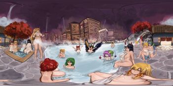 103anon 6+girls absurdres animal_ears ass bathing black_hair blonde_hair blue_eyes blue_hair bow braid breasts cat_ears cat_girl closed_eyes clownpiece convenient_censoring cow_girl cow_horns flat_chest green_bow green_eyes hair_bobbles hair_bow hair_ornament hair_over_breasts hair_tubes hairband hakurei_reimu haniyasushin_keiki heart heart_hair_ornament hecatia_lapislazuli highres horns hoshiguma_yuugi joutouguu_mayumi kaenbyou_rin kirisame_marisa komeiji_koishi komeiji_satori kurodani_yamame large_breasts medium_breasts miyadeguchi_mizuchi mizuhashi_parsee multicolored_hair multiple_girls naked_towel nude oni onozuka_komachi onsen outdoors panorama partially_submerged purple_hair red_bow red_eyes reiuji_utsuho shiki_eiki single_horn steam steam_censor third_eye touhou towel twin_braids two_side_up ushizaki_urumi water white_hair yellow_eyes