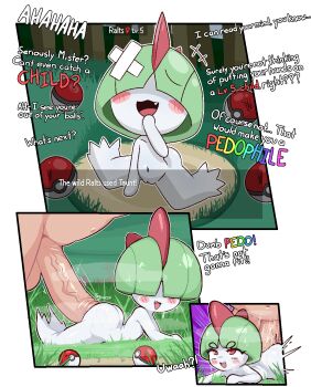 1boy 1girl age_difference anal blush brat_correction calamity33 fang gen_3_pokemon green_hair highres interspecies loli lying mesugaki nintendo on_stomach pedophile pokemon pokemon_rse pokephilia prone_bone ralts red_eyes sex_from_behind size_difference smug talking