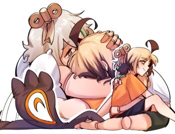 ahoge blonde_hair brown_hair cecilia_immergreen doll_joints gigi_murin green_eyes green_hair hololive hololive_english hug joints multicolored_hair multiple_girls shirt short_hair shorts streaked_hair tail two-tone_hair virtual_youtuber weewle31 white_background winding_key yuri