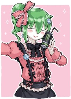 Rule 34 | 1girl, alternate costume, bicycles only sign, black bow, black bowtie, black skirt, blush, bow, bowtie, buttons, can, closed eyes, closed mouth, colored skin, cookie (touhou), daiyousei, diyusi (cookie), drink can, frilled bow, frills, green hair, hair bow, high side ponytail, jirai kei, juliet sleeves, long sleeves, lowres, man (man-room), monster energy, pink bow, pink shirt, puffy sleeves, shirt, short hair, skirt, smile, soda can, solo, suspender skirt, suspenders, touhou, upper body, white skin