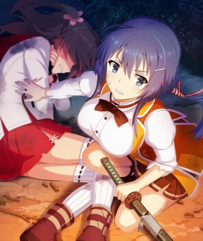 2girls ahoge asakura_mihono black_bow black_bowtie blue_eyes blue_hair boots bow bowtie breasts brown_boots brown_hair brown_skirt clenched_teeth covered_eyes dirty dirty_clothes from_above game_cg gradient_hair hair_ornament hairclip holding holding_sword holding_weapon katana large_breasts long_sleeves low_ponytail lying medium_hair minoseki_academy_school_uniform mole mole_under_eye multicolored_hair multiple_girls night official_art on_ground on_one_knee on_side orange_vest osafune_girls_academy_school_uniform outdoors outstretched_arm ponytail red_hair red_skirt school_uniform setouchi_chie shaded_face sheath sheathed shirt sidelocks sideways_glance skirt striped_clothes striped_thighhighs sword teeth thighhighs third-party_source toji_no_miko toji_no_miko:_kizamishi_issen_no_tomoshibi torn_clothes vertical-striped_clothes vertical-striped_thighhighs vest weapon white_shirt white_thighhighs