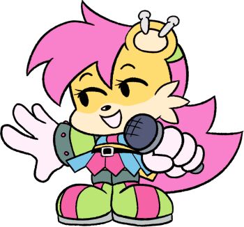 1girl animal_ears animal_nose belt black_eyes body_fur chibi earrings female_focus flat_chest flat_color friday_night_funkin&#039; full_body furry furry_female gloves green_shoes grin half-closed_eyes happy holding holding_microphone jewelry legs_together long_hair looking_to_the_side microphone midriff mina_mongoose miniskirt multicolored_shirt multicolored_skirt multiple_earrings pink_hair pleated_skirt shoes simple_background sketch skirt smile solo sonic_(series) standing stellarspin striped_clothes striped_footwear teeth two-tone_fur very_long_hair white_background white_gloves yellow_fur