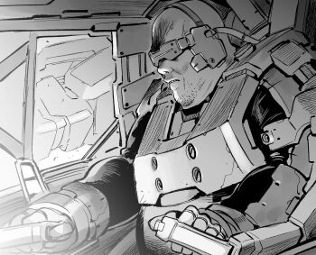 Rule 34 | 1boy, armor, armored bodysuit, bald, breastplate, cable, clenched teeth, cockpit, facial hair, fat, fat man, from side, greyscale, head-mounted display, highres, kato takuji, male focus, mecha pilot suit, monochrome, original, piloting, science fiction, solo, stubble, teeth, veins