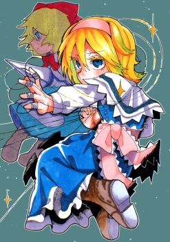 2girls alice_margatroid blonde_hair blue_dress blue_eyes boots bow bowtie brown_boots capelet dress floating hair_bow hairband holding holding_polearm holding_weapon inuyama_konan lance long_sleeves medium_hair multiple_girls pink_hairband pink_sash polearm puppet_strings red_bow ringed_eyes sash shanghai_doll touhou weapon white_capelet