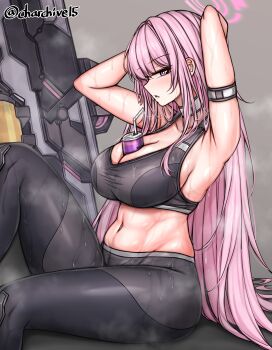 absurdres adjusting_hair arm_strap black_pants black_tank_top blue_archive breasts ch_(charchive15) choker cleavage collarbone commentary drinking_can eimi_(armed)_(blue_archive) eimi_(blue_archive) halo highres large_breasts long_hair looking_at_viewer midriff navel object_on_breast open_mouth pants pink_eyes pink_hair pink_halo saliva sitting tank_top tight_clothes tight_pants