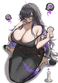 1girl absurdly_long_hair absurdres ahoge black_dress black_hair breasts candle cleavage collarbone commentary_request curvy dress full_body glasses goddess_of_victory:_nikke hand_up highres holding holding_mushroom huge_breasts label_(nikke) long_hair looking_at_viewer messy_hair mole mole_on_breast multicolored_hair mushroom purple_eyes purple_hair sandals simple_background sitting skull smile solo sweat two-tone_hair very_long_hair wariza wavy_mouth white_background yijie_xianyu