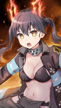 1girl bikini black_bikini black_hair black_jacket breasts commentary_request en&#039;en_no_shouboutai fiery_background fire firefighter_jacket gao_garuru highres jacket looking_at_viewer medium_breasts navel open_clothes open_jacket open_mouth orange_background solo stomach swimsuit tamaki_kotatsu twintails yellow_eyes