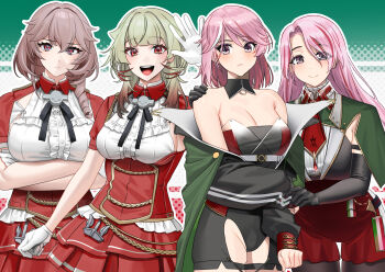 4girls akagi_kurage armpit_cutout azur_lane black_gloves black_pantyhose bow breasts brown_hair cleavage closed_mouth clothing_cutout commission cosplay costume_switch crossed_arms crossover detached_collar drill_hair duca_degli_abruzzi_(azur_lane) duca_degli_abruzzi_(azur_lane)_(cosplay) ear_piercing elbow_gloves giuseppe_garibaldi_(azur_lane) giuseppe_garibaldi_(azur_lane)_(cosplay) giuseppe_garibaldi_(kancolle) giuseppe_garibaldi_(kancolle)_(cosplay) gloves green_hair groin highres kantai_collection large_breasts layered_skirt long_hair looking_at_viewer luigi_di_savoia_duca_degli_abruzzi_(kancolle) luigi_di_savoia_duca_degli_abruzzi_(kancolle)_(cosplay) medium_breasts multiple_girls name_connection open_mouth pantyhose piercing pink_eyes pink_hair pixiv_commission red_eyes short_hair short_sleeves simple_background skirt smile white_gloves