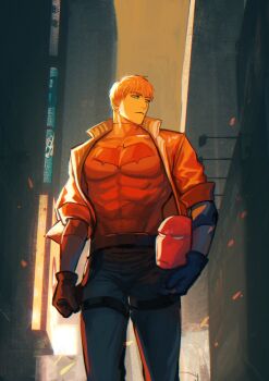 bat_signal batman_(series) batman_symbol black_bodysuit black_gloves bodysuit brown_jacket dc_comics gloves grey_bodysuit highres jacket jason_todd kirikumosan male_focus mask multicolored_bodysuit muscular muscular_male open_clothes red_hood_(dc) red_hood_and_the_outlaws red_mask short_hair superhero_costume taut_bodysuit two-tone_bodysuit