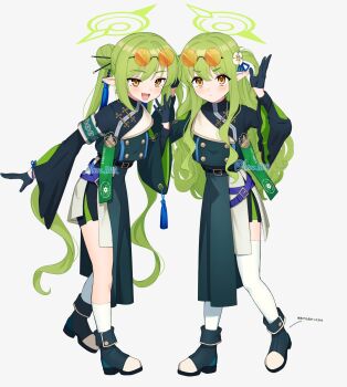 Rule 34 | 2girls, beko (beco 1122), blue archive, blue gloves, chinese clothes, commentary request, eyewear on head, flower hairpin, gloves, green hair, hair bun, highres, hikari (blue archive), long hair, long sleeves, looking at viewer, multiple girls, nozomi (blue archive), pointy ears, simple background, socks, thighhighs, twintails, white socks, white thighhighs, yellow eyes