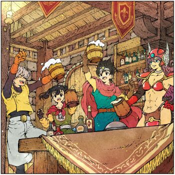Rule 34 | 2boys, 2girls, abs, alcohol, armor, bar (place), beer, beer mug, bikini armor, black gloves, black hair, black shirt, blue eyes, blue tunic, bottle, breasts, brick wall, brown gloves, circlet, cleavage, clenched hand, cloak, closed eyes, commentary request, cup, dragon quest, dragon quest iii, elbow gloves, fingerless gloves, gem, gloves, green gem, green tunic, grey hair, grey shorts, hair between eyes, hair bobbles, hair ornament, hand on own hip, helmet, highres, holding, holding cup, indoors, martial artist (dq3), medium breasts, midriff, mug, multiple boys, multiple girls, navel, neckerchief, open mouth, orange gloves, outstretched arms, parted lips, pelvic curtain, purple cloak, purple hair, red gloves, red helmet, red neckerchief, roto (dq3), shirt, short hair, shorts, shoulder armor, silver choker, smile, tavern, thief (dq3), toriga, tunic, twintails, upper body, vest, warrior (dq3), winged helmet, yellow gem, yellow shirt, yellow vest