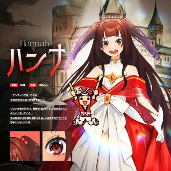 Rule 34 | absurdres, alternate art style, bandai namco, bare shoulders, black eyes, black hair, blunt bangs, cape, castle, character name, character profile, clothes grab, commentary request, covered collarbone, dot nose, dress, drumsticks, facing viewer, gem, gloves, hachimaki, hair bobbles, hair ornament, half-skirt, hannah (wadiverse) (taiko no tatsujin), happi, headband, height, high collar, highres, holding, holding drumsticks, japanese clothes, jumping, lens flare, long hair, long sidelocks, looking at viewer, nejiri hachimaki, obi, official art, open mouth, princess, princess dress, red cape, red gemstone, red happi, red skirt, red sleeves, ringlets, sandals, sash, second-party source, see-through cape, shorts, sidelocks, skirt, skirt grab, sleeveless, sleeveless dress, socks, solid circle eyes, tabi, taiko no tatsujin, takahashi hana, teeth, three-quarter sleeves, tongue, twintails, two side up, upper teeth only, very long hair, white dress, white gloves, white sash, white shorts, white socks, yellow sandals, zouri