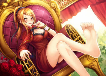 10s 1girl armchair armrest artistic_error bad_feet bare_legs barefoot black_bow black_panties black_ribbon blonde_hair bow braid breasts bush chair cleavage crossed_legs curtains dress feet female_focus finger_to_mouth flower french_braid grin hair_ribbon heart heart-shaped_pupils highres long_sleeves looking_at_viewer medium_breasts nail_polish naojiang_tangyuan open_mouth panties pantyshot petals pink_nails ponytail priscilla_barielle re:zero_kara_hajimeru_isekai_seikatsu red_dress red_eyes red_flower red_rose ribbon rose rose_petals sidelocks sitting smile soles solo symbol-shaped_pupils toes underwear wristband wrong_foot