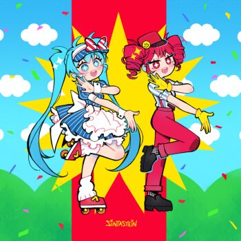 +_+ 2girls :d \||/ ahoge animated animated_gif apron artist_name back_bow black_shoes blue_dress blue_eyes blue_hair blue_hat blue_nails blue_shirt blue_sky blush bow bright_pupils buttons cloud commentary confetti double-breasted dress drill_hair english_commentary frilled_apron frills full_body gloves grey_socks hair_between_eyes hand_up hat hatsune_miku kasane_teto kneehighs long_hair mesmerizer_(vocaloid) multiple_girls nail_polish no_sclera open_mouth outdoors outstretched_arm pants petticoat pinstripe_dress pinstripe_pattern puffy_short_sleeves puffy_sleeves red_bow red_eyes red_hair red_hat red_pants red_shoes roller_skates shako_cap shirt shoes short_hair short_sleeves simple_background sintastein skates sky smile smiley_hat_ornament socks sparkle standing standing_on_one_leg striped_clothes striped_shirt suspenders teeth twin_drills twintails two-tone_bow two-tone_shirt upper_teeth_only utau v-shaped_eyebrows vertical-striped_clothes vertical-striped_shirt very_long_hair visor_cap vocaloid waist_apron white_apron white_bow white_pupils white_shirt white_socks wristband yellow_gloves