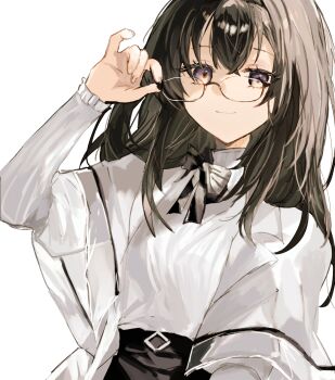 1girl adjusting_eyewear arknights black_hair black_hairband closed_mouth coat commentary_request fumi_(rdbm) glasses hairband hand_on_eyewear highres jacket long_hair long_sleeves looking_at_viewer looking_over_eyewear medium_hair priestess_(arknights) purple_eyes simple_background skirt smile solo sweater turtleneck white_coat white_sweater