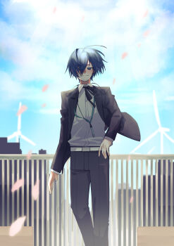 Rule 34 | 1boy, absurdres, belt, black jacket, black pants, black ribbon, blonde hair, blue hair, blue sky, blush, cityscape, closed mouth, cloud, cloudy sky, collared shirt, commentary request, digital walkman, earphones removed, falling petals, feet out of frame, gekkoukan high school uniform, hair over one eye, haruta sora, highres, jacket, long sleeves, looking at viewer, male focus, mp3 player, neck ribbon, open clothes, open jacket, outdoors, pants, persona, persona 3, persona 3 reload, petals, pink petals, railing, ribbon, school uniform, shirt, short hair, sky, smile, solo, standing, straight-on, white shirt, wind turbine, windmill, yuuki makoto (persona 3)