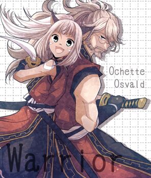 1boy 1girl animal_ears bare_shoulders beard black_pantyhose body_markings character_name cow facial_hair facial_mark fighting_stance glasses grid_background hair_between_eyes holding holding_sword holding_weapon japanese_clothes katana long_hair muscular mustache octopath_traveler octopath_traveler_ii open_mouth pantyhose ponytail red_tunic satsuki_(chaosmode) smile sword tunic weapon