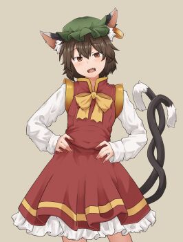 1girl absurdres animal_ear_fluff animal_ear_piercing animal_ears bow bowtie brown_eyes brown_hair cat_ears cat_tail chagamaka chen contrapposto cowboy_shot dot_nose double-parted_bangs earrings fang fingernails frills gold_trim grey_background half-closed_eyes hands_on_own_hips hat head_tilt highres jewelry light_blush long_fingernails long_sleeves looking_at_viewer mob_cap multiple_tails nekomata open_mouth petticoat red_skirt red_vest sharp_fingernails simple_background single_earring skirt skirt_set sleeves_past_wrists solo tail touhou two_tails vest yellow_bow yellow_bowtie