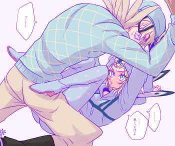 1boy 1girl blonde_hair blue_eyes blue_lips diego_brando genderswap genderswap_(mtf) gloves hat hood hoodie johnny_joestar jojo_no_kimyou_na_bouken lips lipstick makeup medium_hair pants simple_background star_(symbol) star_print steel_ball_run yuki_jj
