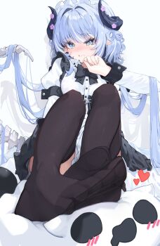 1girl akuru_(vtuber) arm_up black_horns black_thighhighs blue_eyes blue_hair blush demon_horns dress feet foot_focus frilled_dress frilled_hairband frills hair_intakes hairband hashtag-only_commentary highres horns indie_virtual_youtuber long_hair long_sleeves looking_at_another mocha_kura parted_lips simple_background sitting skeletal_tail solo tail tearing_up teeth thighhighs white_background white_dress zettai_ryouiki