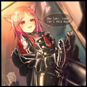 2girls absurdres animal_ear_fluff animal_ears backpack bag ball_gag bdsm blonde_hair blue_eyes blurry blurry_background blush bodysuit cat_ears clothes_lift commission depth_of_field dildo english_text gag gagged highres katsuten latex latex_bodysuit latex_shirt latex_skirt mirror multiple_girls original red_eyes red_hair sex_toy shibari shibari_over_clothes shiny_clothes skeb_commission skin_tight skirt skirt_lift sparkle speech_bubble strap-on