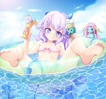 Rule 34 | 1girl, buoy, c-rabbit, chilling hedgehog (elsword), cloud, collarbone, day, demon girl, demon horns, demon tail, drink, elsword, floating, flower, food, hair flower, hair ornament, horns, ice cream, ice cream cone, innertube, iz (elsword), laguz (elsword), licking lips, luciela r. sourcream, navel, sky, sparkle, star-shaped pupils, star (symbol), sunlight, swim ring, swimsuit, symbol-shaped pupils, tail, tongue, tongue out, water