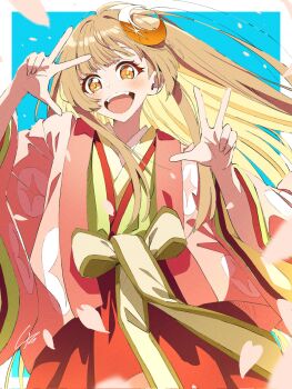 1girl 4b-enpitsu blonde_hair blue_background blush border brown_eyes brown_hair cho_kaguya-hime! colored_inner_hair commentary crescent crescent_hair_ornament double_w falling_petals hair_ornament hands_up hashtag-only_commentary highres kaguya_(cho_kaguya-hime!) long_hair looking_at_viewer multicolored_hair open_mouth outside_border petals pink_happi solo teeth upper_teeth_only w white_border