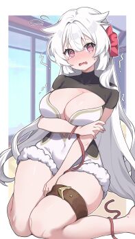 1girl @_@ absurdres arm_under_breasts auk_(auk518) barefoot blush breasts cleavage commentary_request covered_navel embarrassed fuyuka_(stella_sora) hair_between_eyes hair_ornament highres large_breasts long_hair looking_at_viewer open_mouth pink_nails red_eyes solo stella_sora tearing_up thigh_strap white_hair window