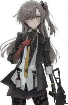1girl blazer bodysuit bodysuit_under_clothes brown_hair cellphone collarbone girls&#039;_frontline girls&#039;_frontline_2:_exilium highres holding holding_weapon jacket latex latex_bodysuit leva_(girls&#039;_frontline_2) long_hair looking_at_viewer mechanical_arms necktie phone pleated_skirt saaal653 side_ponytail single_mechanical_arm skin_tight skindentation skirt smartphone solo thigh_strap ump45_(girls&#039;_frontline) unbuttoned unbuttoned_shirt very_long_hair weapon weapon_request yellow_eyes yellow_necktie