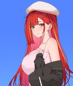 1girl 3: akane_lize bare_shoulders beret black_eyes black_jacket blue_background breasts cleavage closed_mouth cross cross_earrings earrings from_side hair_ornament hairclip hat jacket jewelry large_breasts long_hair looking_at_viewer mole mole_under_eye off_shoulder red_hair shirt simple_background sleeveless sleeveless_shirt solo stellive talnory virtual_youtuber white_hat white_shirt