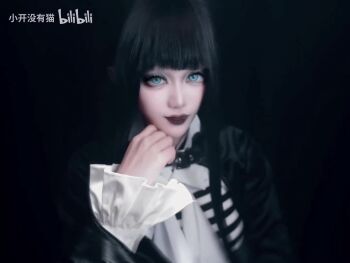 1girl 2025 animated arino_rio_(ria_arino0707) audible_music audible_speech black_background black_coat black_hair black_lips blunt_bangs blurry breasts chess_piece chessboard chinese_(nationality) chinese_commentary coat cosplay depth_of_field elbow_rest extra_arms frilled_sleeves frills hand_on_own_chin indoors kuro_(under_the_witch) kuro_(under_the_witch)_(cosplay) long_hair long_sleeves looking_at_viewer medium_breasts multiple_views music pale_skin pov pov_hands real_life shirt sidelocks simple_background sitting solo_focus sound striped_clothes striped_shirt talking thick_lips third-party_edit under_the_witch underwear video watermark white_shirt xiao_kai_men_zhu