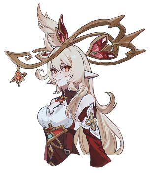 1girl alice_(genshin_impact) bare_shoulders blonde_hair breasts cleavage closed_mouth commentary_request detached_collar detached_sleeves dress gem genshin_impact gold_ring halo heart-shaped_gem highres jewelry juban lips long_hair long_sleeves looking_at_viewer medium_breasts mochimochi_ocha orange_eyes pendant pointy_ears red_dress red_eyes red_gemstone red_sleeves simple_background single_sidelock sleeveless sleeveless_dress smile solo strapless strapless_dress upper_body white_background