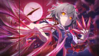 1girl blue_skirt blue_vest cowboy_shot crazy foreshortening full_moon game_cg grey_hair highres higurashi_no_naku_koro_ni higurashi_no_naku_koro_ni_mei hood hood_down kimiyoshi_kazuho looking_at_viewer moon non-web_source official_art outdoors red_sky shirt short_hair short_sleeves skirt sky solo three-quarter_sleeves vest white_shirt yellow_eyes