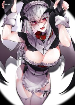 1girl absurdres animal_ear_hairband animal_ears apron ass black_gloves black_nails blurry blush breasts bridal_gauntlets cleavage collar cowboy_shot curvy demon_girl demon_wings depth_of_field double-parted_bangs eyes_visible_through_hair facing_viewer fake_animal_ears fake_tail fangs frilled_thigh_strap gloves grey_hair guimpe haagyu hair_between_eyes hairband hands_on_headwear head_wings highres huge_breasts long_hair looking_at_viewer maid maid_apron maid_headdress maid_leotard nail_polish nontraditional_playboy_bunny original rabbit_ears red_collar red_eyes saliva saliva_trail shadow solo sweat tail teeth thigh_strap thighhighs tongue tongue_out unconventional_maid veil white_thighhighs white_wrist_cuffs wings wrist_cuffs