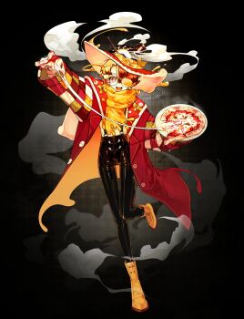 1boy absurdres black_background black_pants blonde_hair boots cheese cheese_trail coat food french_commentary full_body hat highres holding holding_food holding_pizza holding_plate long_legs looking_at_viewer male_focus multicolored_hair open_clothes open_coat open_mouth orange_eyes original pants parted_bangs pizza pizza_slice plate red_coat red_hair scarf short_hair skinny_legs smile smoke solo srt_rice_ball standing standing_on_one_leg star_(symbol) star_in_eye sunglasses symbol_in_eye thigh_gap two-tone_hair yellow_boots yellow_scarf