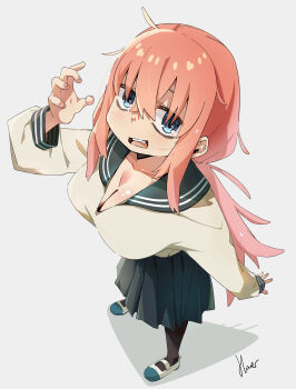 1girl absurdres avarangers black_pantyhose blue_eyes blue_sailor_collar blue_skirt breasts cleavage collarbone commentary_request from_above full_body hand_up highres large_breasts long_hair long_sleeves looking_at_viewer michinoku_komaro no_dickey open_mouth pantyhose pink_hair pleated_skirt sailor_collar school_uniform seitokai_ni_mo_ana_wa_aru! serafuku shirt shoes signature skirt solo standing teeth upper_teeth_only uwabaki white_background white_shirt