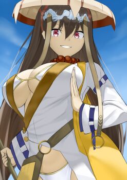 1girl black_hair breasts cleavage dress fate/grand_order fate_(series) goma. hat highres holding holding_staff jewelry large_breasts long_hair looking_at_viewer necklace pink_eyes smile solo staff underwear white_dress xuangzang_sanzang_(fate)