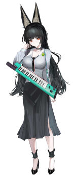 1girl :o absurdres animal_ear_fluff animal_ears black_choker black_hair black_necktie black_shoes black_skirt breasts choker collared_shirt commentary_request fox_ears fox_girl grey_shirt high_heels highres holding holding_instrument hoshimi_miyabi instrument keyboard_(instrument) large_breasts long_hair looking_at_viewer mikuning necktie open_mouth red_eyes shirt shoes side_slit skirt solo zenless_zone_zero