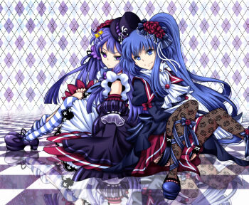 2girls alternate_costume alternate_hairstyle ascot back-to-back black_ribbon blue_eyes blue_hair bow checkered_background checkered_floor commentary_request detached_sleeves dress empty_eyes flower frederica_bernkastel frills frown furudo_erika gothic_lolita hair_ornament hat lolita_fashion long_hair momofukki multiple_girls one_side_up pantyhose print_pantyhose purple_eyes red_ascot ribbon rose skirt smile striped_clothes striped_thighhighs thighhighs top_hat umineko_no_naku_koro_ni white_ribbon white_skirt