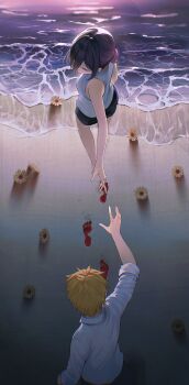 1boy 1girl beach black_choker black_pants black_shorts blonde_hair blood bloody_footprints chainsaw_man choker denji_(chainsaw_man) from_above highres looking_at_another nakashima_(pluscolor) ocean outdoors pants reaching reaching_towards_another reze_(chainsaw_man) shirt shorts sleeveless sleeveless_shirt sleeves_rolled_up standing water waves white_shirt