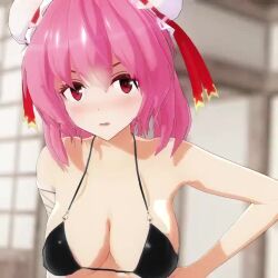 1girl 3d animated bikini blush breasts cleavage crossed_arms hand_on_own_hip hands_on_own_hips ibaraki_kasen large_breasts looking_at_viewer mofumoko5 pink_hair red_eyes solo swimsuit tagme thighs touhou upper_body video