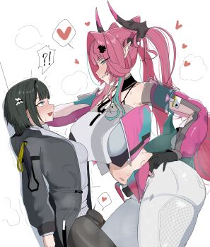 Rule 34 | !?, 2girls, absurdres, arknights, arknights: endfield, bilingual commentary, black gloves, black hair, black horns, black jacket, black pantyhose, blue eyes, breasts, bulge, commentary, endministrator (arknights), english commentary, from side, futa with female, futanari, gloves, heart, highres, horns, huge breasts, jacket, kabedon, long hair, long sleeves, mixed-language commentary, multiple girls, open mouth, pantyhose, pointy ears, red hair, simple background, spoken heart, tea220622, twintails, white background, yvonne (arknights)