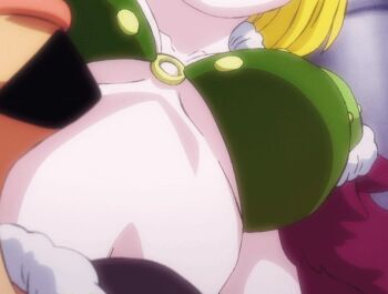animated animated_gif anime_screenshot beast_pirates_uniform bikini blonde_hair bouncing_breasts breasts cape carrot_(one_piece) collarbone fur-trimmed_cape fur_cape fur_trim furry furry_female green_bikini large_breasts o-ring o-ring_bikini one_piece rabbit_girl short_hair shoulder_pads swimsuit usopp