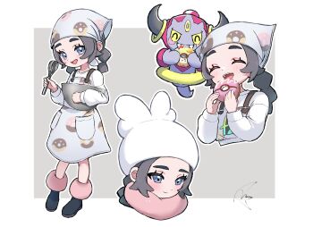 1girl ansha_(pokemon) apron black_hair blue_eyes blush bowl closed_eyes closed_mouth colored_sclera commentary donut donut_print food food_print gen_6_pokemon grin hat headscarf highres holding holding_bowl holding_donut holding_food holding_whisk hoopa hoopa_(confined) horns leg_warmers legendary_pokemon long_hair long_sleeves meru_merume603 mythical_pokemon nintendo open_mouth pink_leg_warmers pink_scarf pokemon pokemon_(creature) pokemon_legends:_z-a scarf shirt smile teeth whisk white_hat white_shirt yellow_sclera