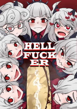 6+girls blush cerberus_(helltaker) demon_girl demon_horns diuda english_text fang food glasses grey_hair helltaker highres horns lucifer_(helltaker) malina_(helltaker) modeus_(helltaker) multiple_girls pancake pandemonica_(helltaker) red_eyes zdrada_(helltaker)