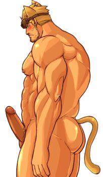 1boy abs animal_ears ass bara beard_stubble biceps blonde_hair blush cat_ears cat_tail cid_highwind closed_mouth commentary erection facial_hair final_fantasy final_fantasy_vii goggles goggles_on_head looking_at_viewer magnum_feering male_focus muscular muscular_male nipples pectorals penis pubic_hair stubble sweatdrop tail testicles white_background wide-eyed