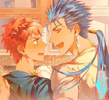 Rule 34 | 2boys, blue hair, blue shirt, blush, cabinet, cu chulainn (fate), cu chulainn (fate/stay night), cu chulainn (lancer) (fate), cup, earrings, emiya shirou, fang, fate/stay night, fate (series), from behind, gloves, hair ornament, hand on another's shoulder, hand up, highres, holding, holding plate, indoors, jewelry, kitchen, long hair, looking at another, low ponytail, male focus, multiple boys, open mouth, orange eyes, plate, ponytail, red eyes, red hair, rubber gloves, shirt, short hair, short sleeves, smile, span (shibanyu63868), speech bubble, spiked hair, sweatdrop, t-shirt, translation request, upper body, white shirt, yellow gloves