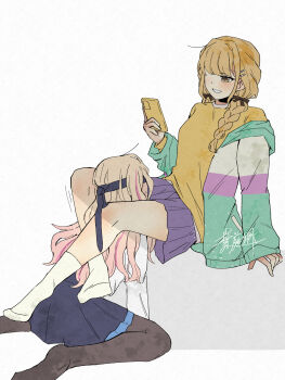 2girls between_legs black_pantyhose blindfold blonde_hair blue_skirt blush braid cellphone commentary_request fujita_kotone gakuen_idolmaster grin hair_ornament hairclip haniwa_hayate highres holding holding_phone idolmaster juo_sena multiple_girls one_eye_closed pantyhose phone pleated_skirt purple_skirt shirt signature simple_background skirt smartphone smile socks sweat twin_braids white_background white_shirt white_socks yellow_eyes yellow_shirt yuri