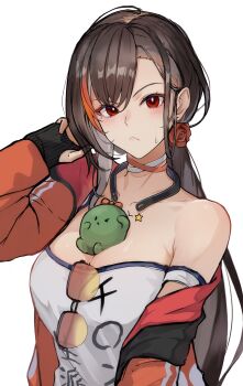 1girl :< absurdres black_gloves black_hair blush breasts character_request choker closed_mouth commentary_request copyright_request creature earrings fingerless_gloves flower flower_earrings gloves hair_between_eyes highres jacket jacket_partially_removed jewelry long_hair long_sleeves looking_at_viewer medium_breasts mole mole_under_eye orange-tinted_eyewear parted_bangs red_eyes red_flower red_jacket shirt simple_background single_bare_shoulder solo sunglasses tinted_eyewear upper_body white_background white_shirt yuenhani